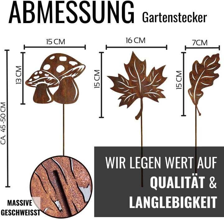 Terma Stahldesign Rostfigur Gartenstecker Set Herbst Zwei Blätter EIN Pilz mit Spiess 40-45cm tolle
