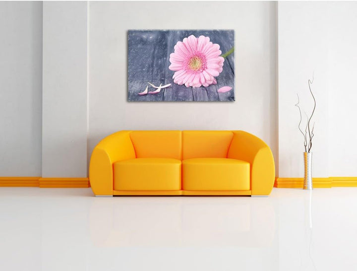 Pixxprint Pinke Gerbera auf rustikalem Boden Kunst Buntstift Effekt, Format: 100x70 auf Leinwand, 10