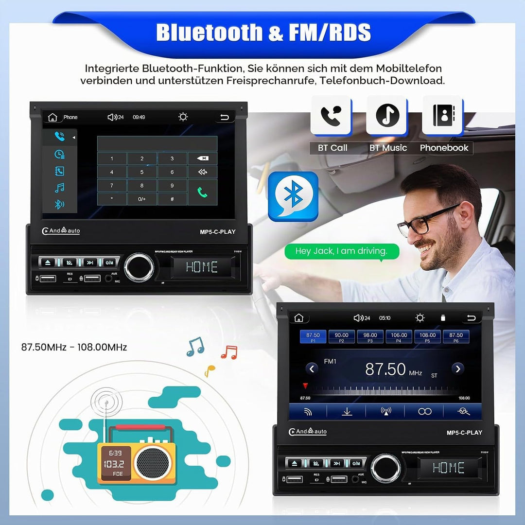 CAMECHO Autoradio 1 Din Navi mit Wireless Carplay &amp; Android Auto, 7 Zoll Motorisch Ausfahrbarem Bild