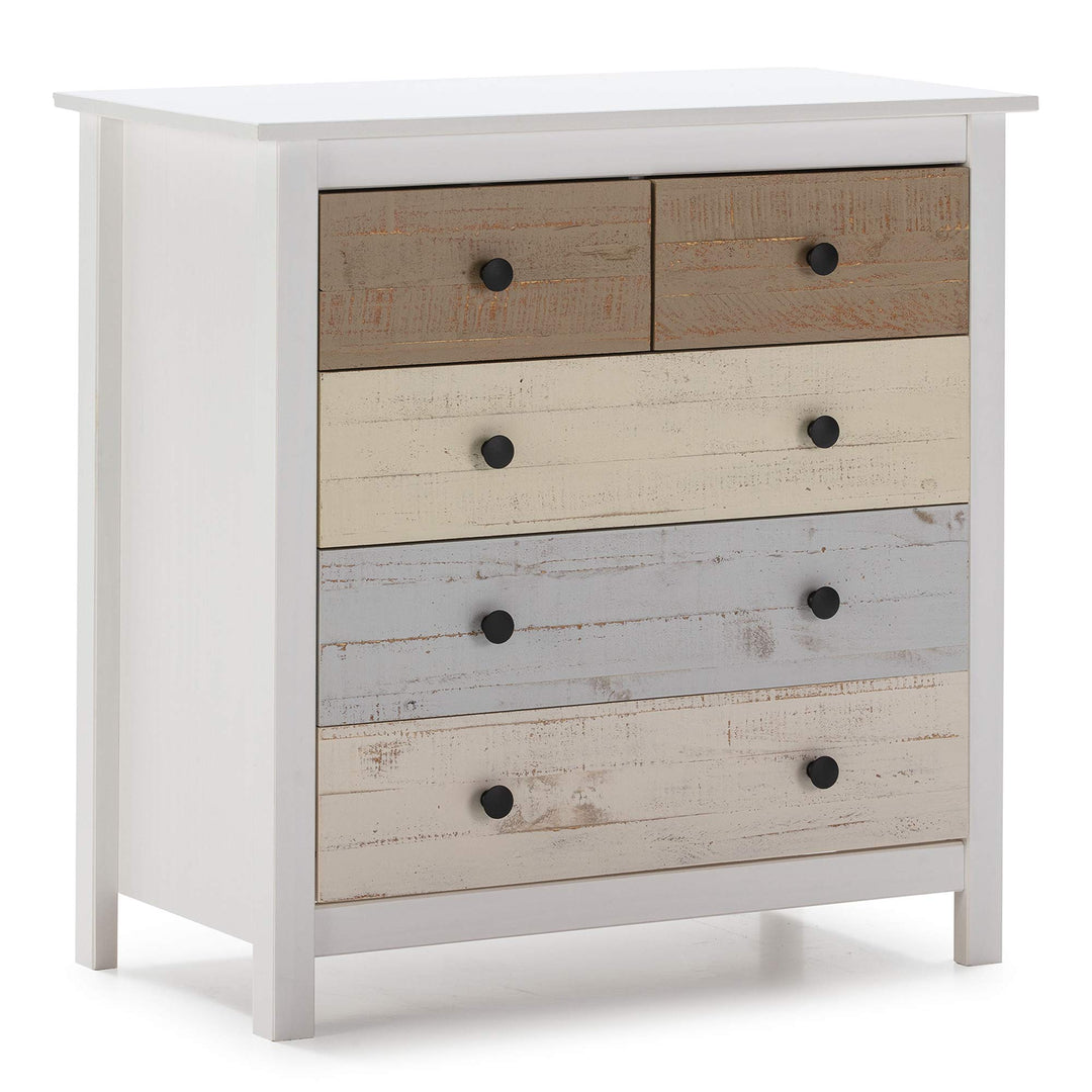 VS Venta-stock Magda Kommode mit 5 Schubladen Weiss und mehrfarbige Schubladen, Massives kiefernholz