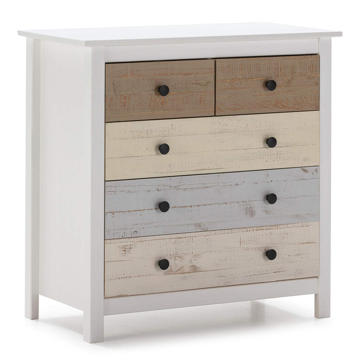 VS Venta-stock Magda Kommode mit 5 Schubladen Weiss und mehrfarbige Schubladen, Massives kiefernholz