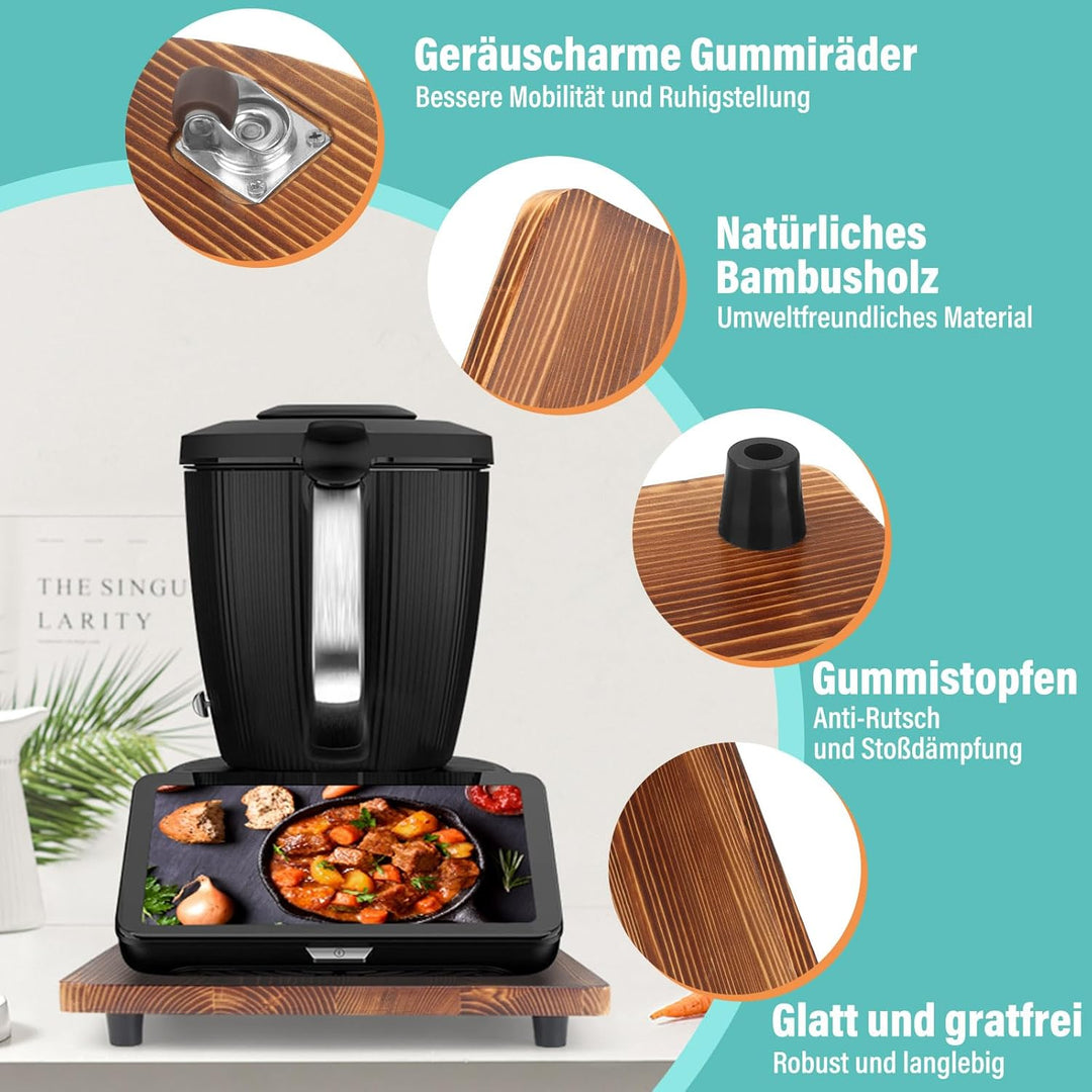 Bambus Gleitbrett für Thermomix TM7 – Mit 360° Rollen + Rutschfest Gummifüsse des Schnelles Bewegen/