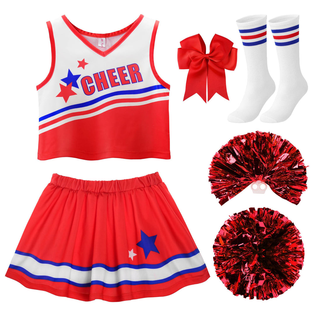 ReliBeauty Cheerleader Kostüm Kinder Kleid mit Pompoms und Kopfschmuck Rot (Neu) 116 (Etikett 120),