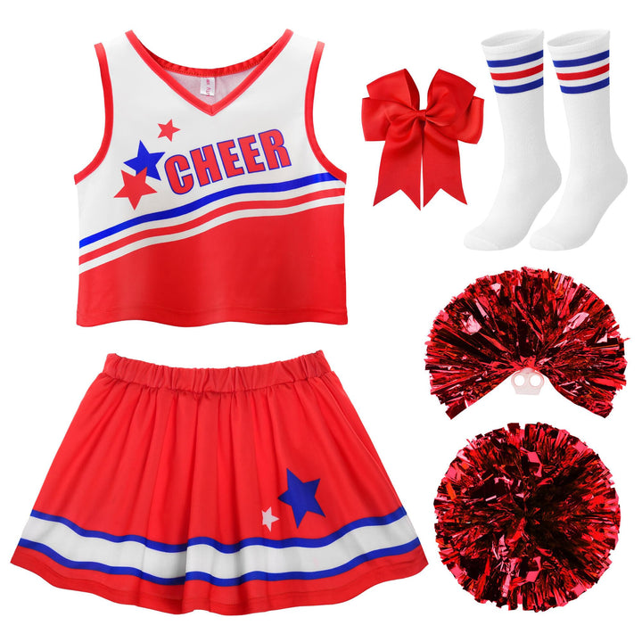 ReliBeauty Cheerleader Kostüm Kinder Kleid mit Pompoms und Kopfschmuck Rot (Neu) 116 (Etikett 120),