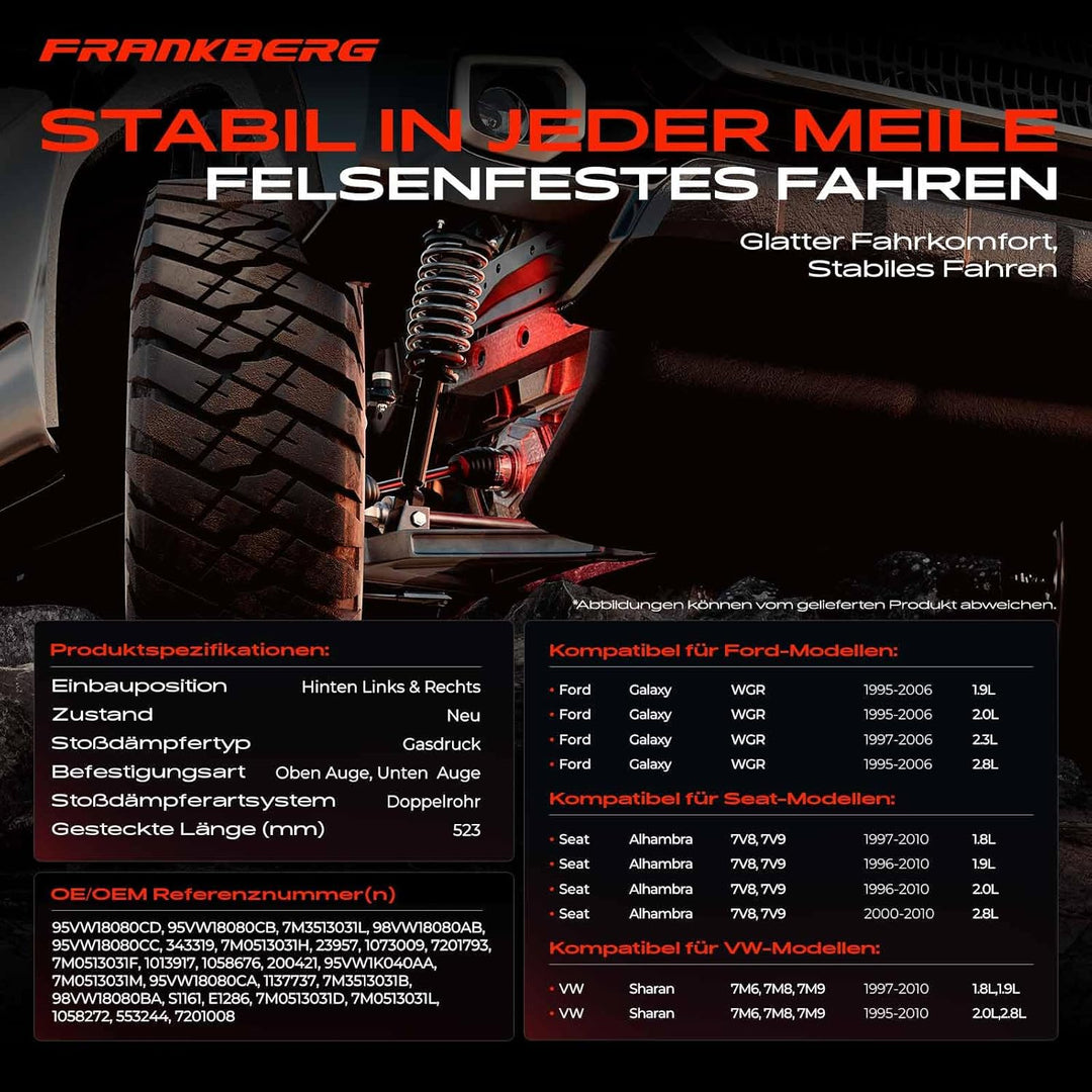 Frankberg 2x Stossdämpfer Gasdruck Hinterachse Kompatibel mit Galaxy WGR 1.9L-2.8L 1995-2006 Alhambr