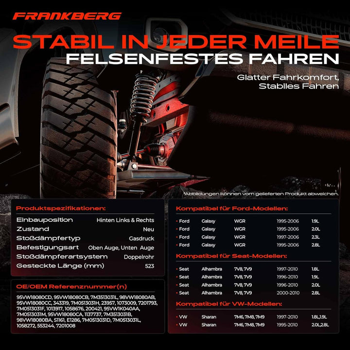 Frankberg 2x Stossdämpfer Gasdruck Hinterachse Kompatibel mit Galaxy WGR 1.9L-2.8L 1995-2006 Alhambr