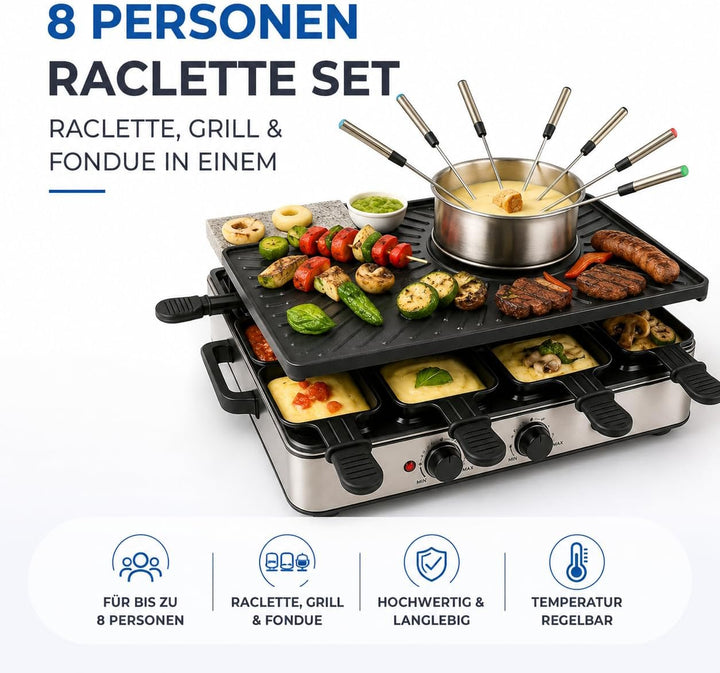 8 Personen Set Raclette - Mit Grillplatte & Steinplatte Funktion - Tischgrill inkl. Pfännchen & Scha