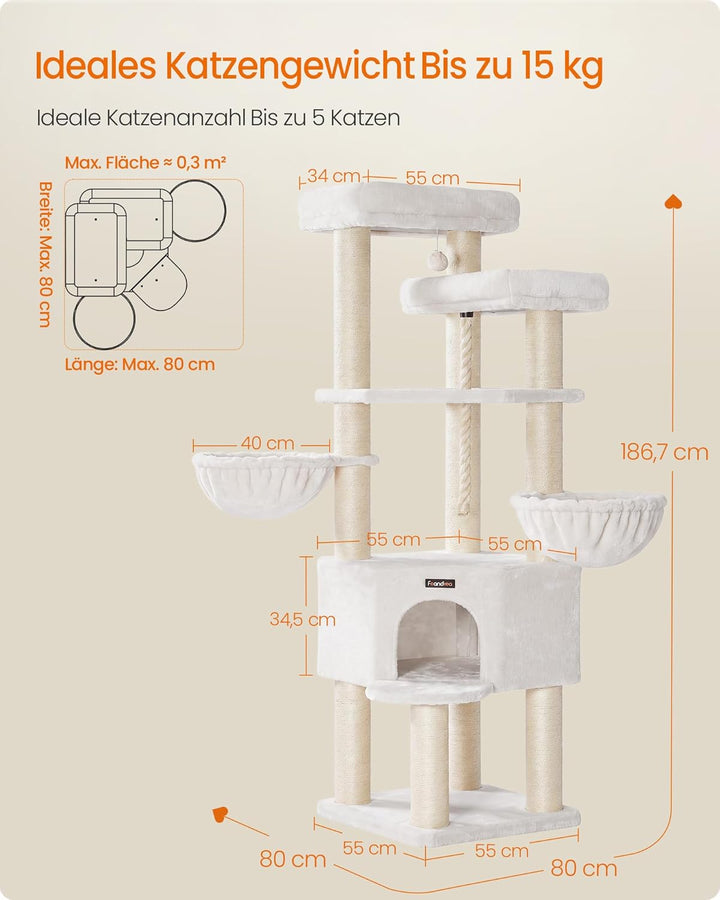 Feandrea Kratzbaum gross, mehrstöckiger Katzenbaum, XXL, 55 x 55 x 186,7 cm, 11 cm d Dicke Sisalstäm