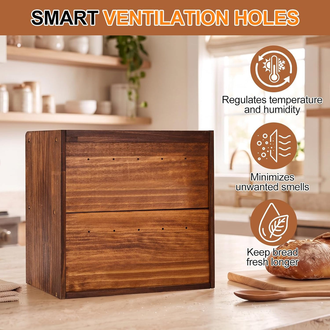 Brotkasten Holz, 2 Etagen Gross Brotbox mit Belüftungsloch, Längere Frische & Einfache Pflege, Küche