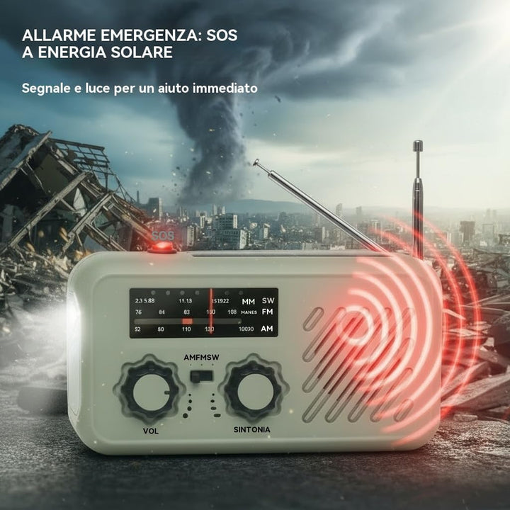 Notfall Radio, 3-Wege-Ladung (Solar, Kurbel, USB-C) Powerbank, 2000mAh Akku, AM/FM Radio, SOS, LED-T