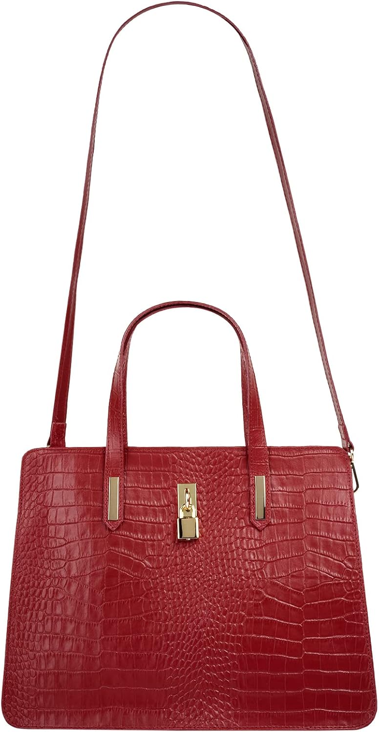 Handtasche Echt Leder Damen Made in Italy, Smartphonefach, Kroko-Design, elegante Umhängetasche, Dam