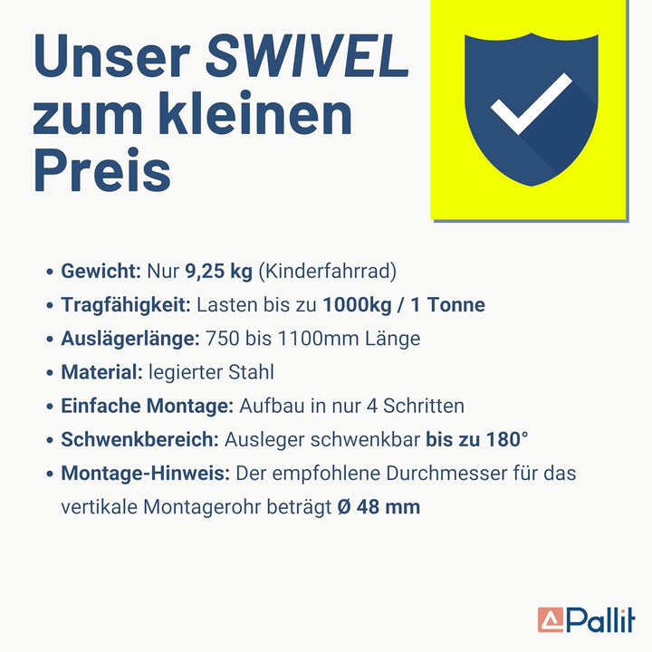 Pallit Schwenkarm SWIVEL für Seilwinden | 1000 kg Tragkraft | Kranarm Lastarm Halterung für Flaschen