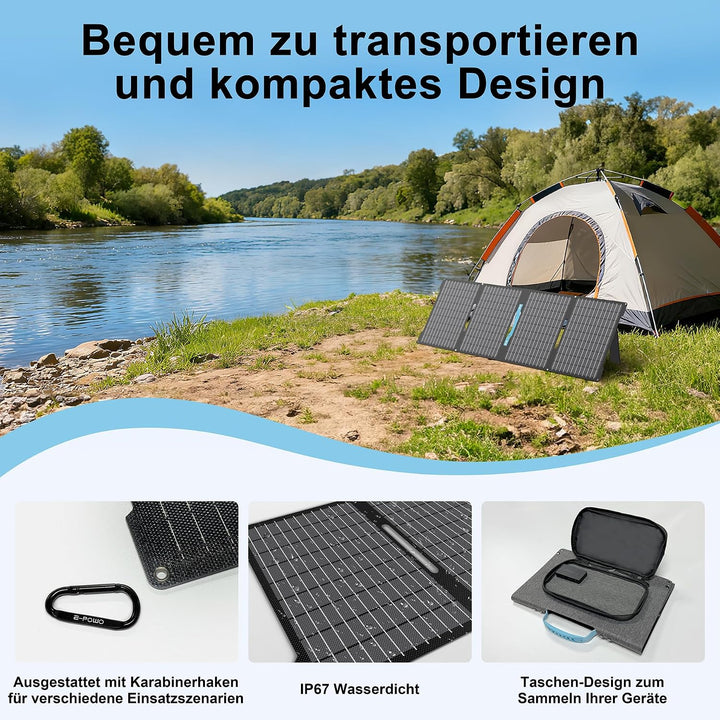 60W Faltbares Solarladegerät Tragbar, Monokristallin mit 24% Wirkungsgrad, IP67 Wasserdicht, 3 Ausgä