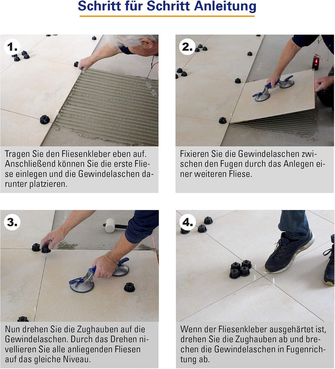 Karl Dahm Zughauben Set transparent für Fliesenstärke 3-12 mm, 150 Stück + Eimer – Geeignet für Leve