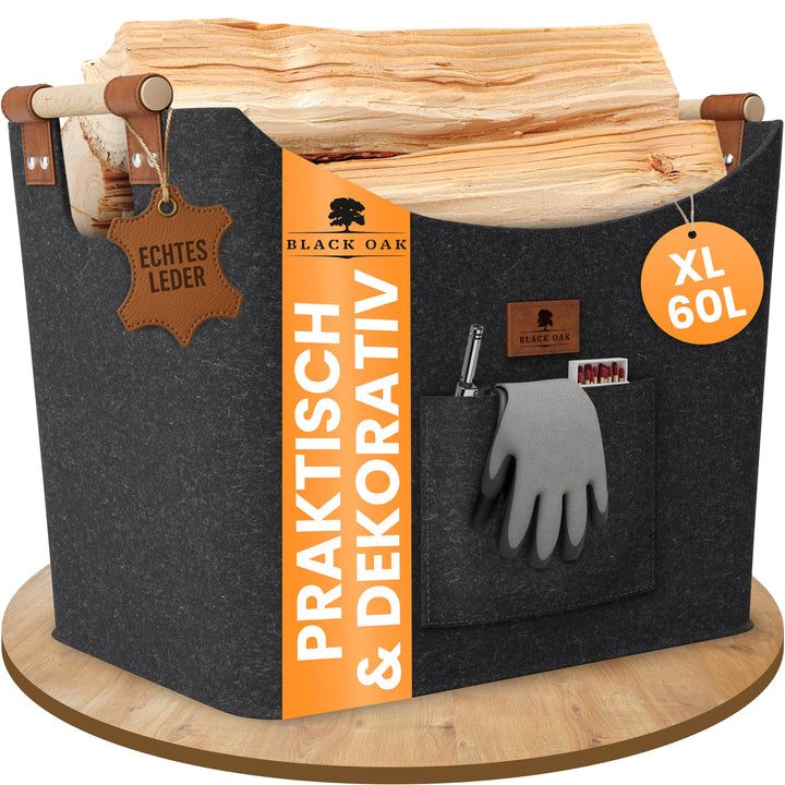 BLACK OAK Montana XL 60L Filzkorb &amp; Holzkorb für Kaminholz - Leder Applikation + rutschfeste Griffe