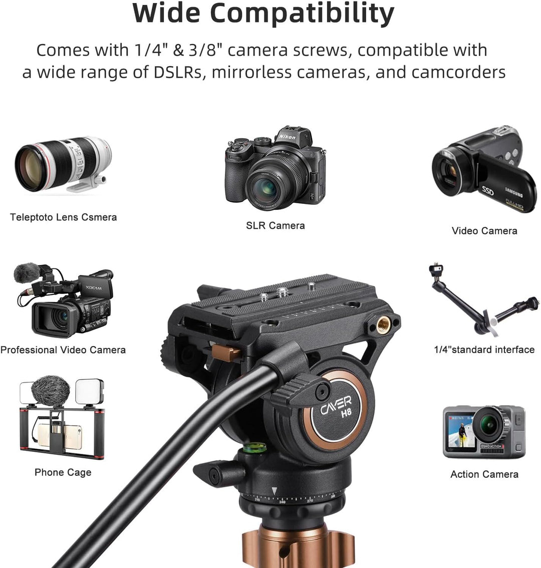 Cayer H6 Video Fluid Head, Kamera Tripod Fluid Drag Pan Head mit 60mm Flate Base, 1/4 und 3/8 Schrau