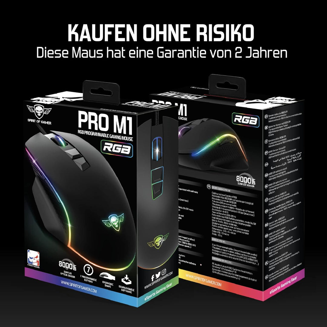 SPIRIT OF GAMER Pro M1, Gaming Maus Kabelgebunden, 7 Programmierbare Knöpfe, Optischer Sensor 8000 D