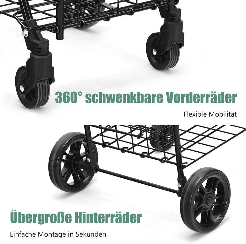 COSTWAY Klappbarer Einkaufstrolley, Einkaufswagen mit Universalrädern & Doppelkorb, 48L+10L, Tragbar