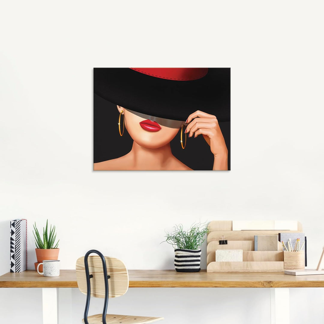 ARTland Glasbilder Wandbild Glas Bild einteilig 60 x 45 cm Elegant Schick Dame Lady Hut Ohrringe Lip