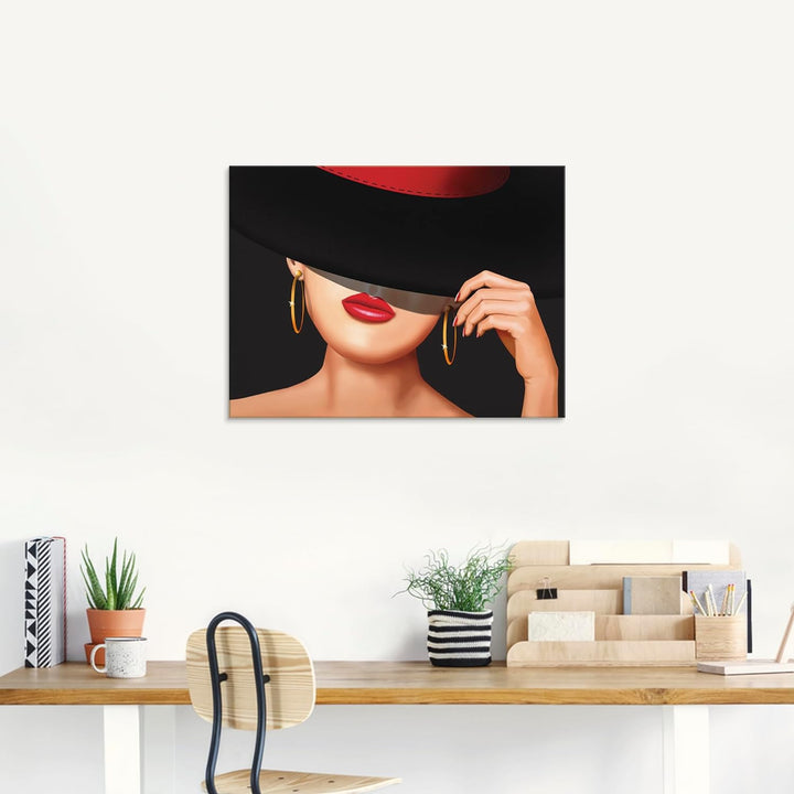 ARTland Glasbilder Wandbild Glas Bild einteilig 60 x 45 cm Elegant Schick Dame Lady Hut Ohrringe Lip