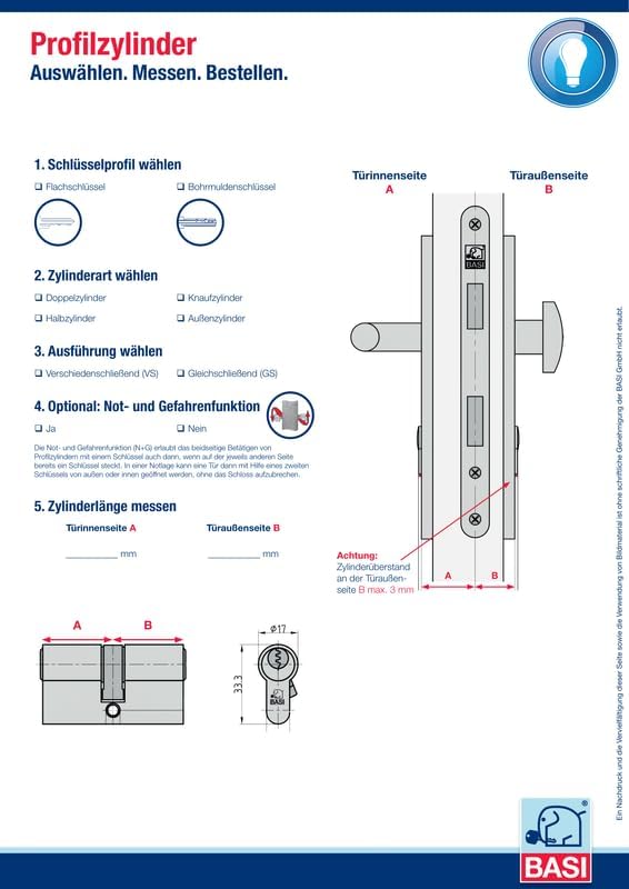 BASI | BM Schliesszylinder | gleichschliessend und frei kombinierbar | Viele Längen verfügbar | Wend