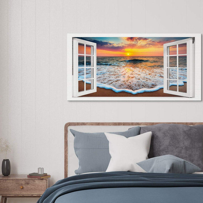 PICANOVA – Bild auf Leinwand Sonnenuntergang am Meer Fenster 100x50cm – Leinwandbild – Premium Leinw