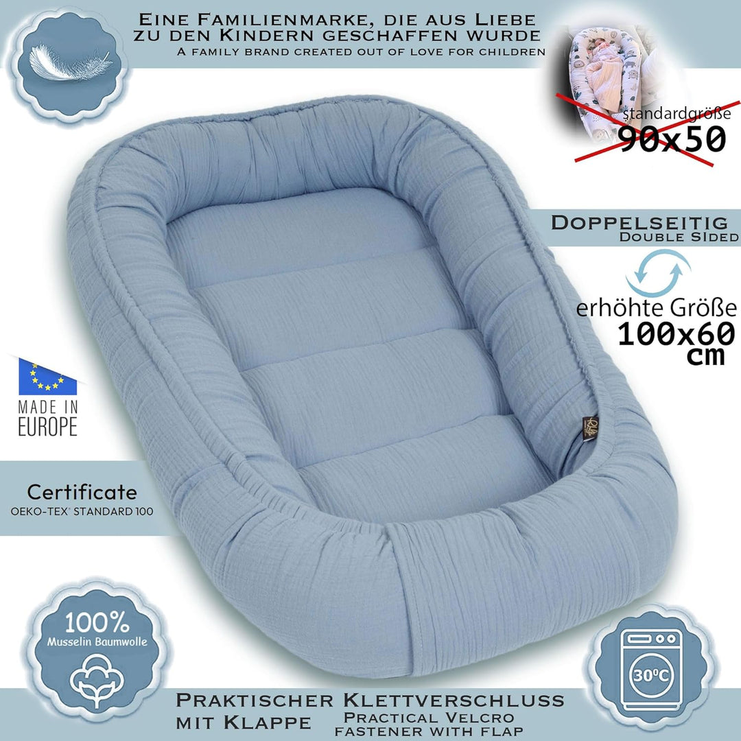 PaLulli Babynest aus 100% Musselin Baumwolle Premium Kuschelnest Babynestchen 100x60cm Klettverschlu