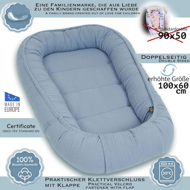 PaLulli Babynest aus 100% Musselin Baumwolle Premium Kuschelnest Babynestchen 100x60cm Klettverschlu