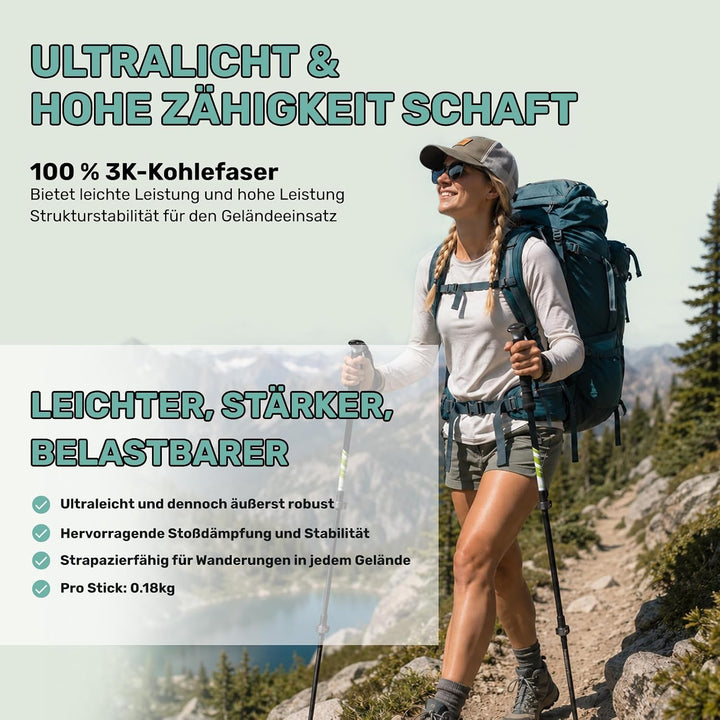 Carbon Trekkingstöcke 2er Set – Nordic Walking Stöcke Damen Herren, Wanderstöcke Teleskop Faltbar, U