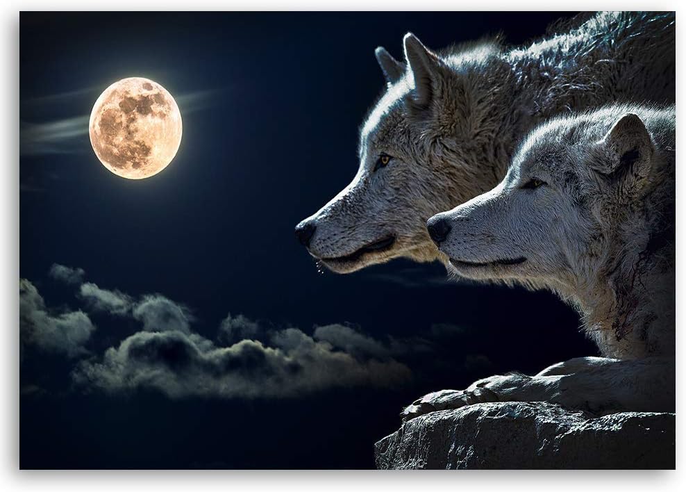 Feeby Wandbild Wölfe Druckbild Leinwandbild Mond Blau 100x70 cm Leinwandbild 100x70 cm Blau_a, Leinw