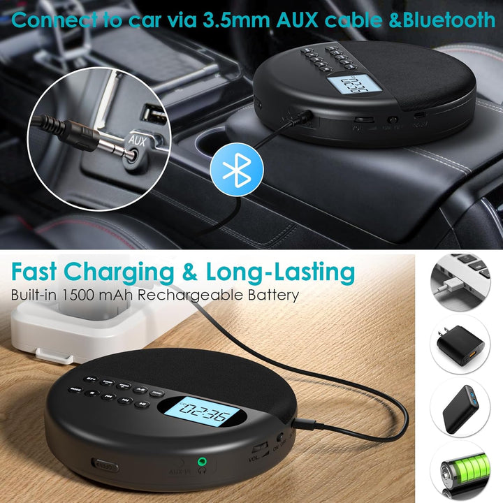 Gueray CD Player Tragbar mit Bluetooth Tragbarer CD Player mit Lautsprecher Integrierte 1500mAh Akku