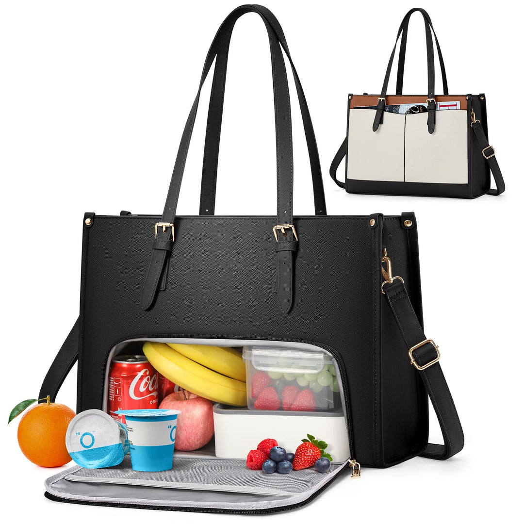 RAINSMORE Laptoptasche Arbeitstasche Damen Gross mit Isolierted Kühlfach Schwarz+braun+weiss, Schwar