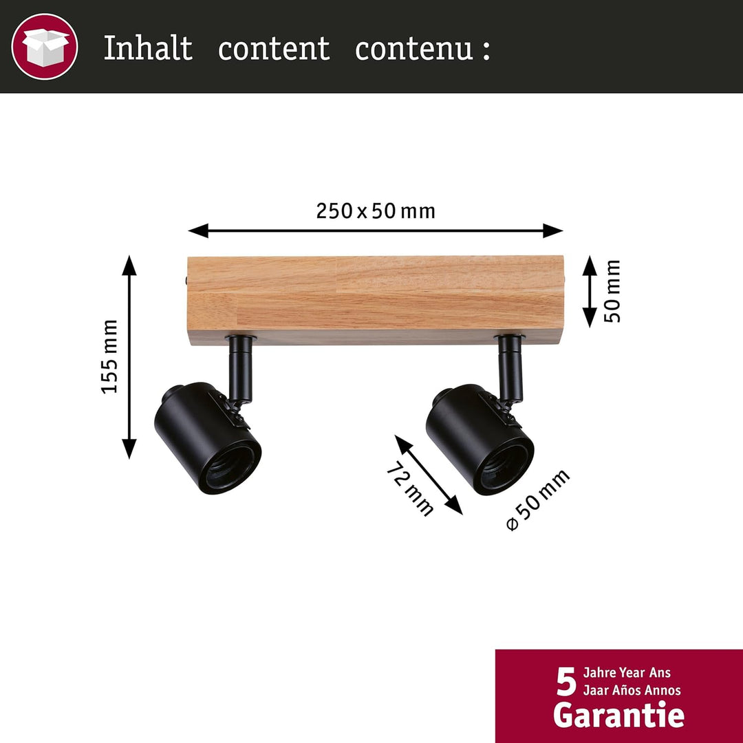 Paulmann 66771 Strahler Arvid 2-flammig max. 2x20 Watt Deckenleuchte Schwarz/Holz Spot Metall E27 2e