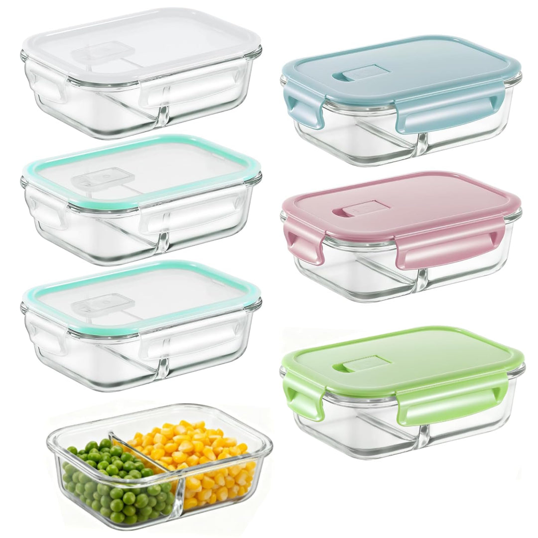 Zocipro 6 Stück Meal Prep Boxen Glas mit Deckel mit 2 Fächern 640ml | Leckproof/Leckfest Frischhalte