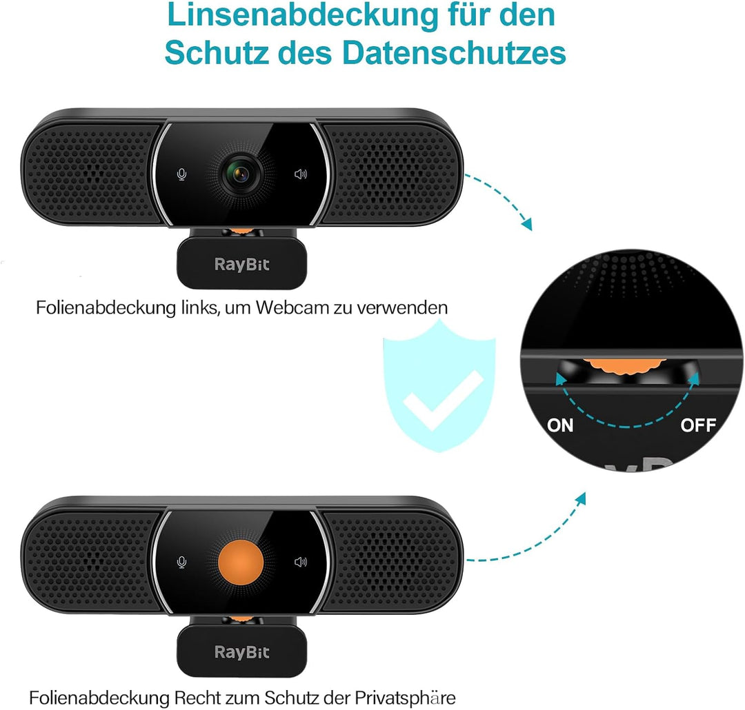 3-in-1 Webcam - 2K HD Webcam mit Mikrofon, Lautsprecher und Abdeckungen, Klarer Stereo-Sound & Belic