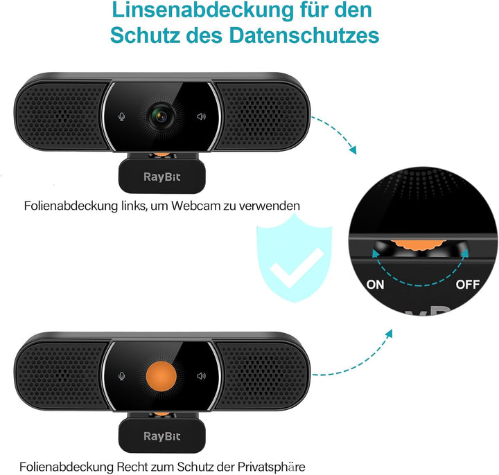 3-in-1 Webcam - 2K HD Webcam mit Mikrofon, Lautsprecher und Abdeckungen, Klarer Stereo-Sound & Belic