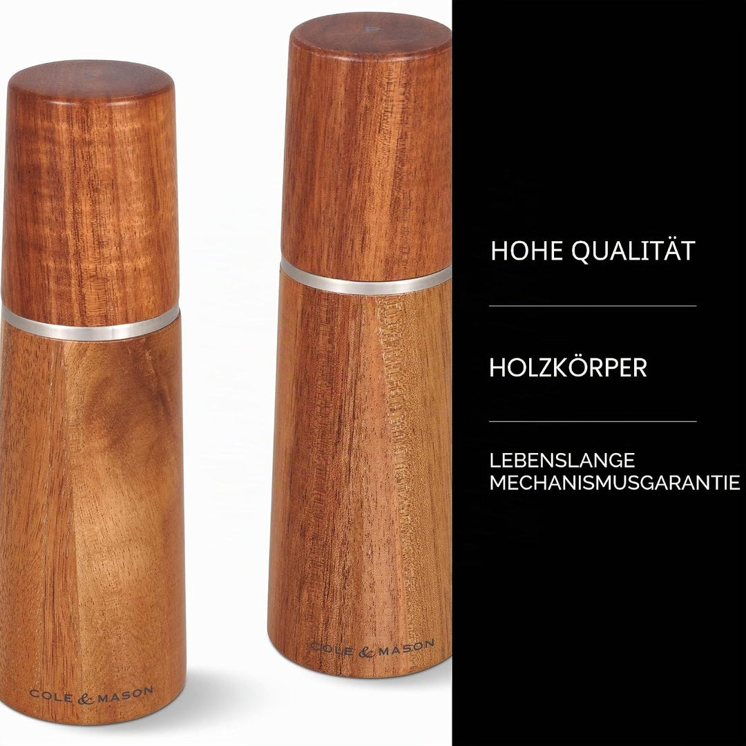 Cole & Mason Marlow Acacia Salzmühle und Pfeffermühle Holz, 2er Set, Akazienholz, 18.5cm, Gewürzmühl