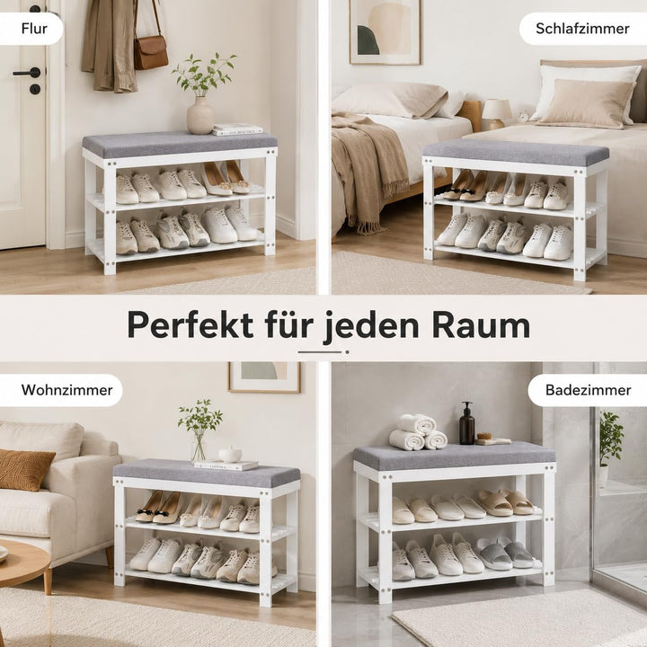 APICIZON Bambus Schuhbank, Schuhregal mit 3 Ebenen, 70×28×50cm, Schuhschrank mit Gepolstertem Sitz f