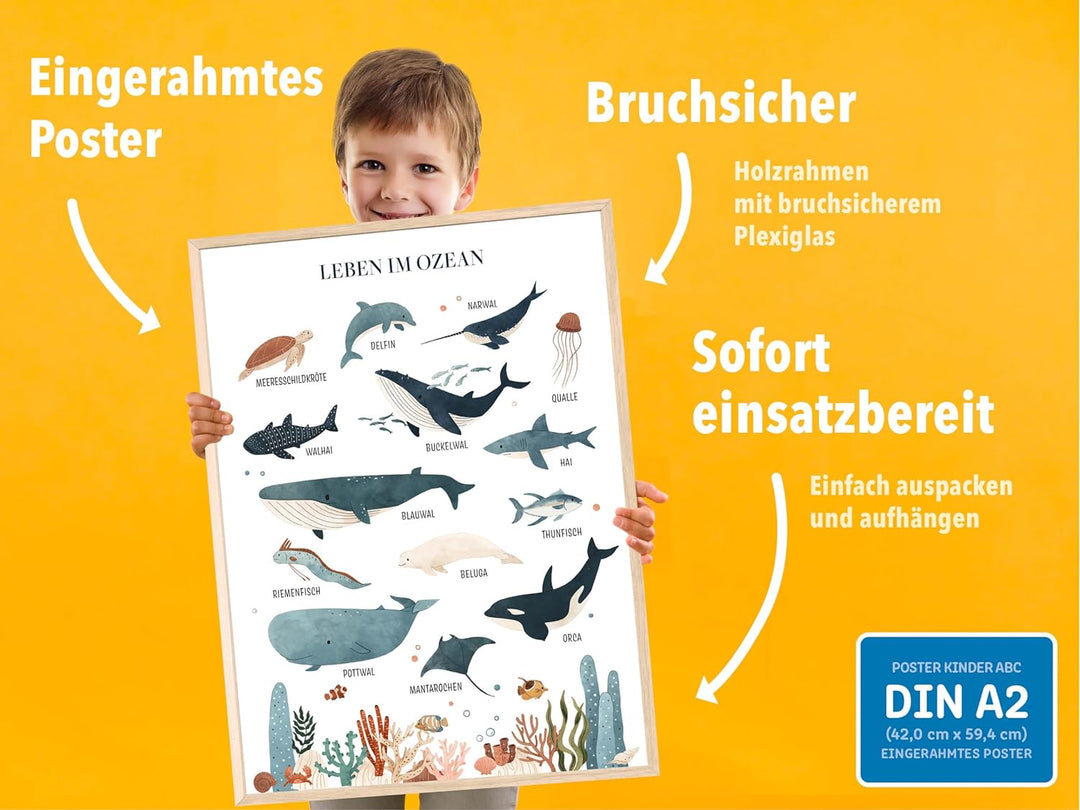 kizibi® Unterwasserwelt Lernposter für Kinderzimmer - Detailliertes DIN A2 Poster des Meeres & Ozean