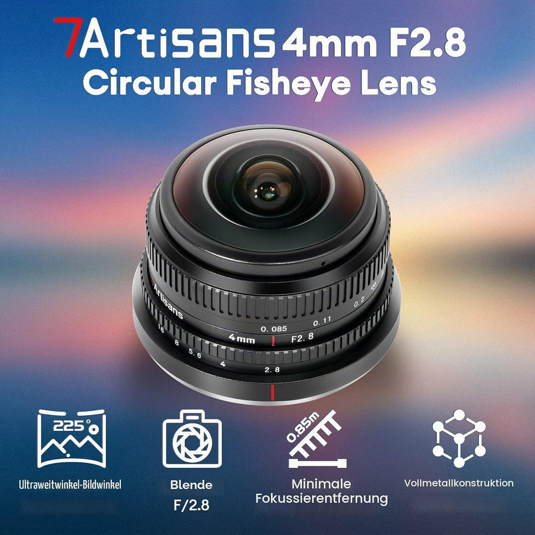 7artisans 4mm F2.8 kreisförmiges Fisheye-Objektiv, 225 ° Ultraweitwinkel, kompatibel mit APS-C Sony