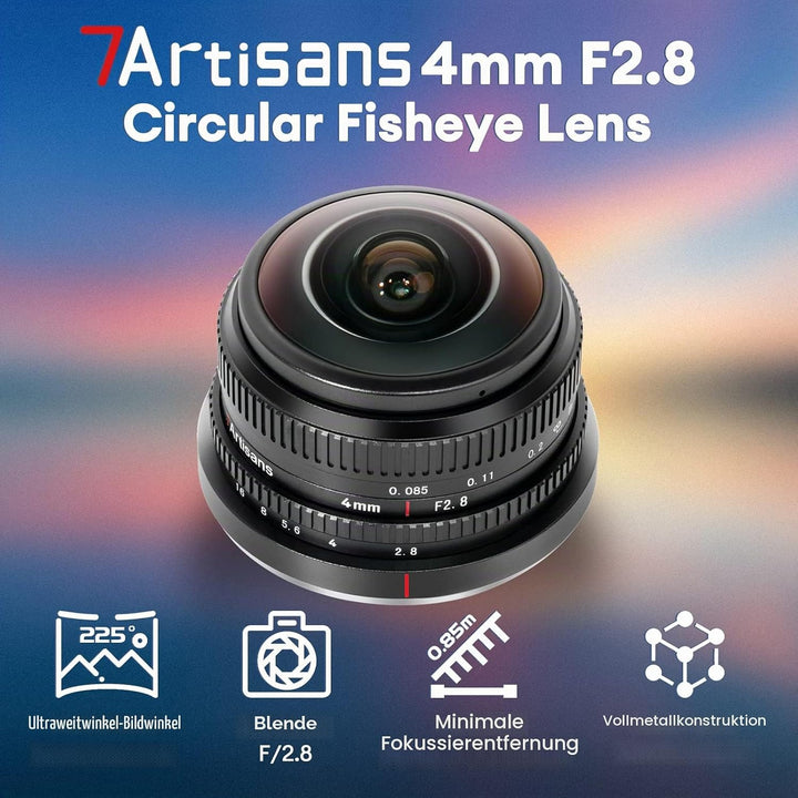 7artisans 4mm F2.8 kreisförmiges Fisheye-Objektiv, 225 ° Ultraweitwinkel, kompatibel mit APS-C Sony