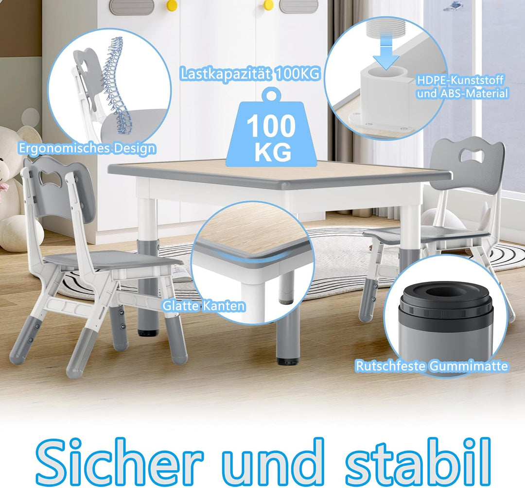 AufuN Kindertisch mit 2 Stühlen, Kindertischgruppe mit Verstellbarer Höhe, Kinderzimmertisch & -stuh