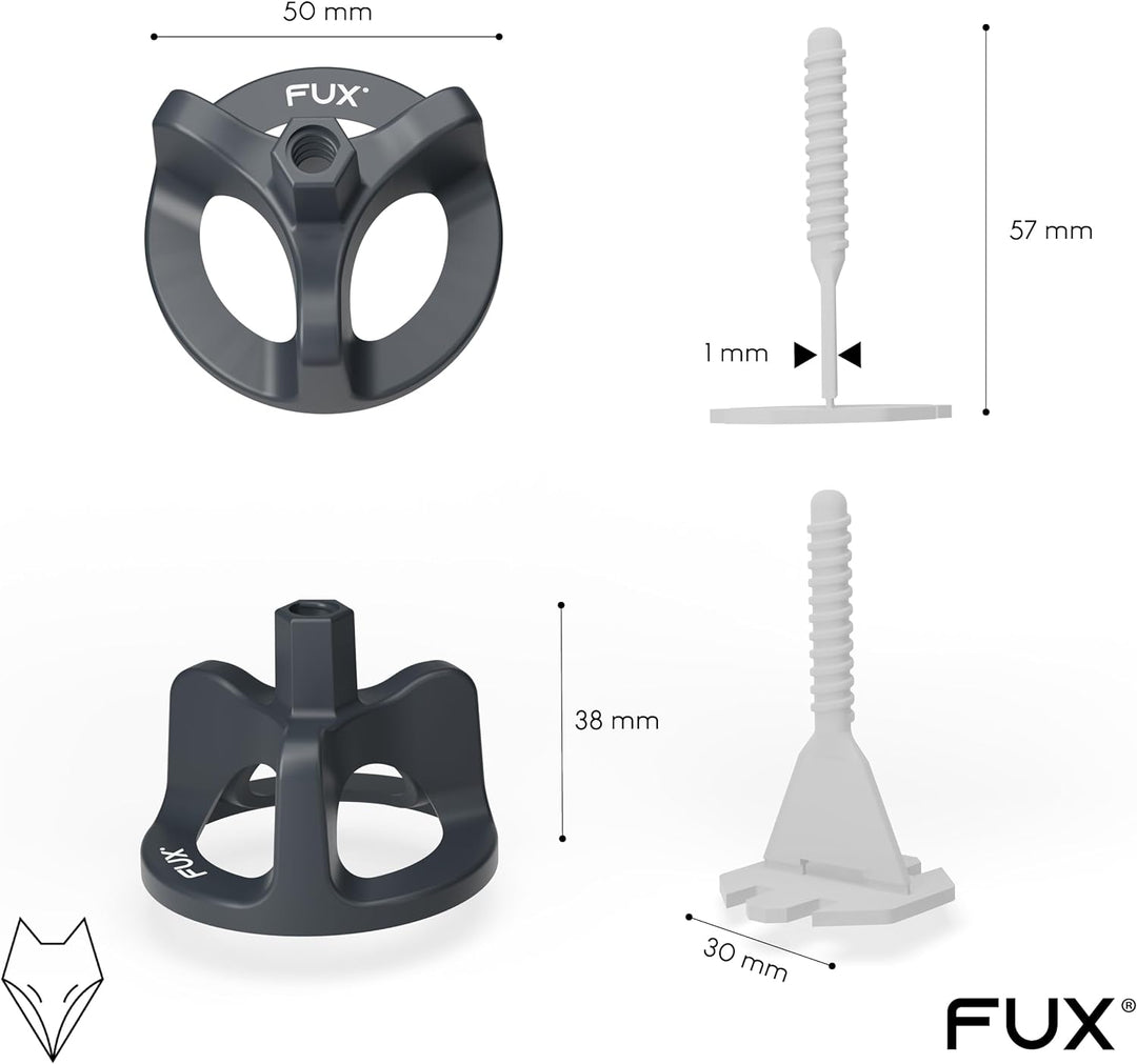 FUX® Fliesen Nivelliersystem 1mm, Fliesenleger Set: 100 Zughauben 1mm + 200 Gewindelaschen, Fliesenv