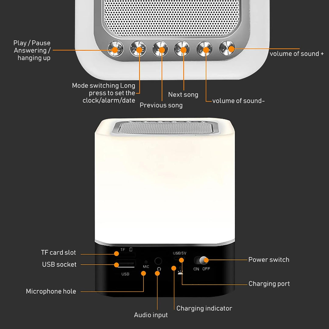 Nachttischlampe mit Wecker, Bluetooth-Lautsprecher, Dimmbarer RGB-Farbwechsel, Tragbarer Bluetooth-L