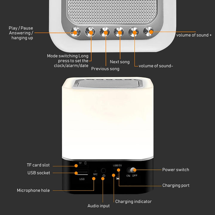 Nachttischlampe mit Wecker, Bluetooth-Lautsprecher, Dimmbarer RGB-Farbwechsel, Tragbarer Bluetooth-L