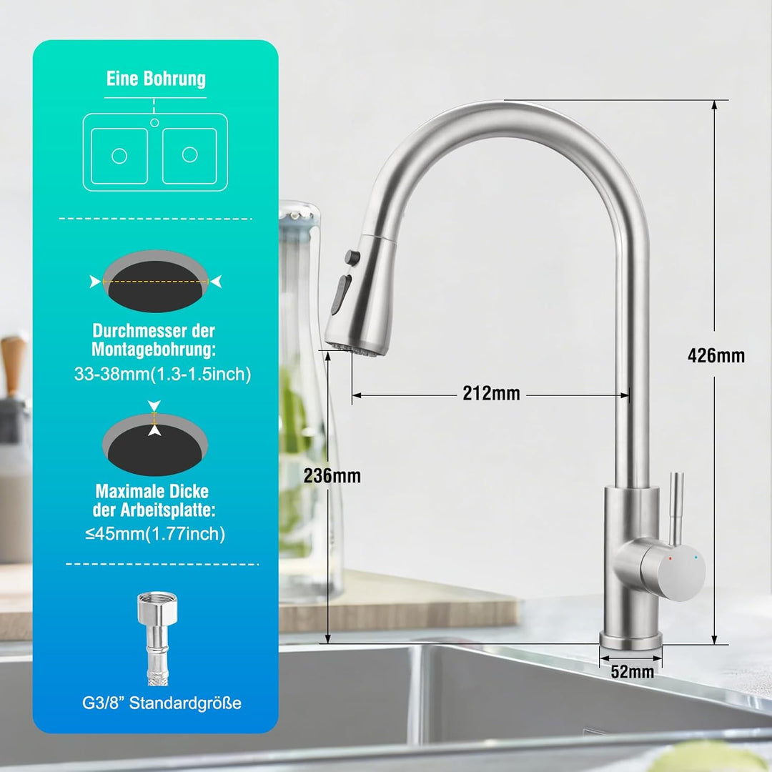 Wasserhahn Küchen, Hochdruck Küchenarmatur mit Brausekopf, 2 Wasserauslauf Modi, Küchenarmatur Auszi