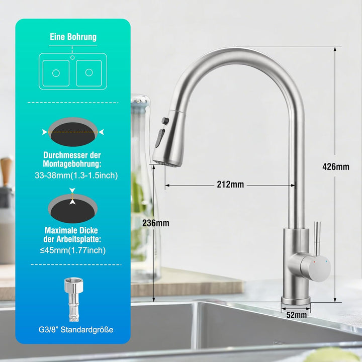 Wasserhahn Küchen, Hochdruck Küchenarmatur mit Brausekopf, 2 Wasserauslauf Modi, Küchenarmatur Auszi