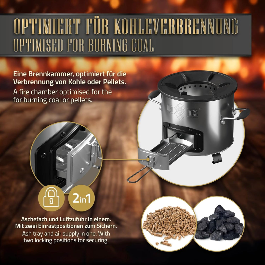 Raketenofen, Silber, Edelstahl Campingofen, Campingkocher Holz Kohle, Camping BBQ Holzofen zum Koche