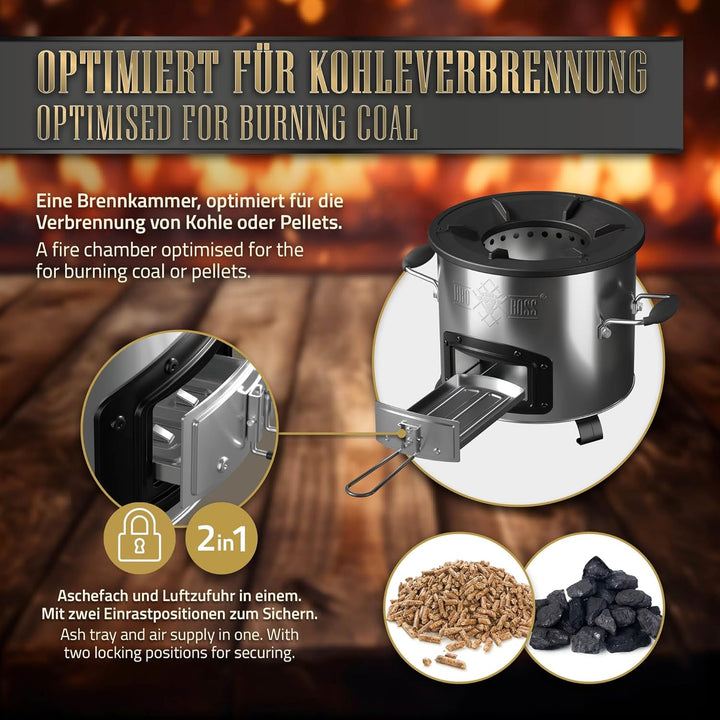 Raketenofen, Silber, Edelstahl Campingofen, Campingkocher Holz Kohle, Camping BBQ Holzofen zum Koche