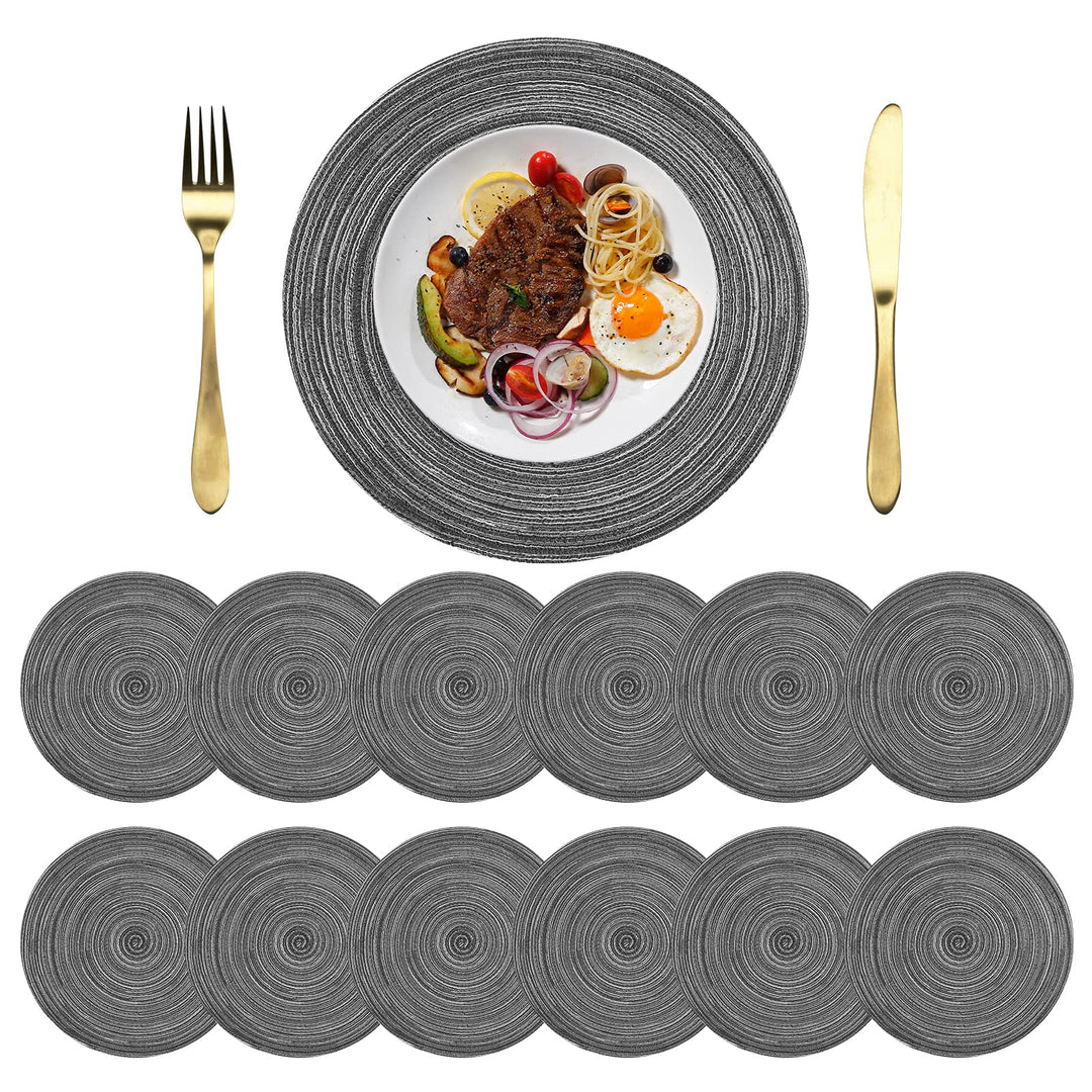 Platzsets Rund Grau Geflochten Tischsets 12er Set Hitzebeständigem Tisch Tischsets Waschbar für Küch